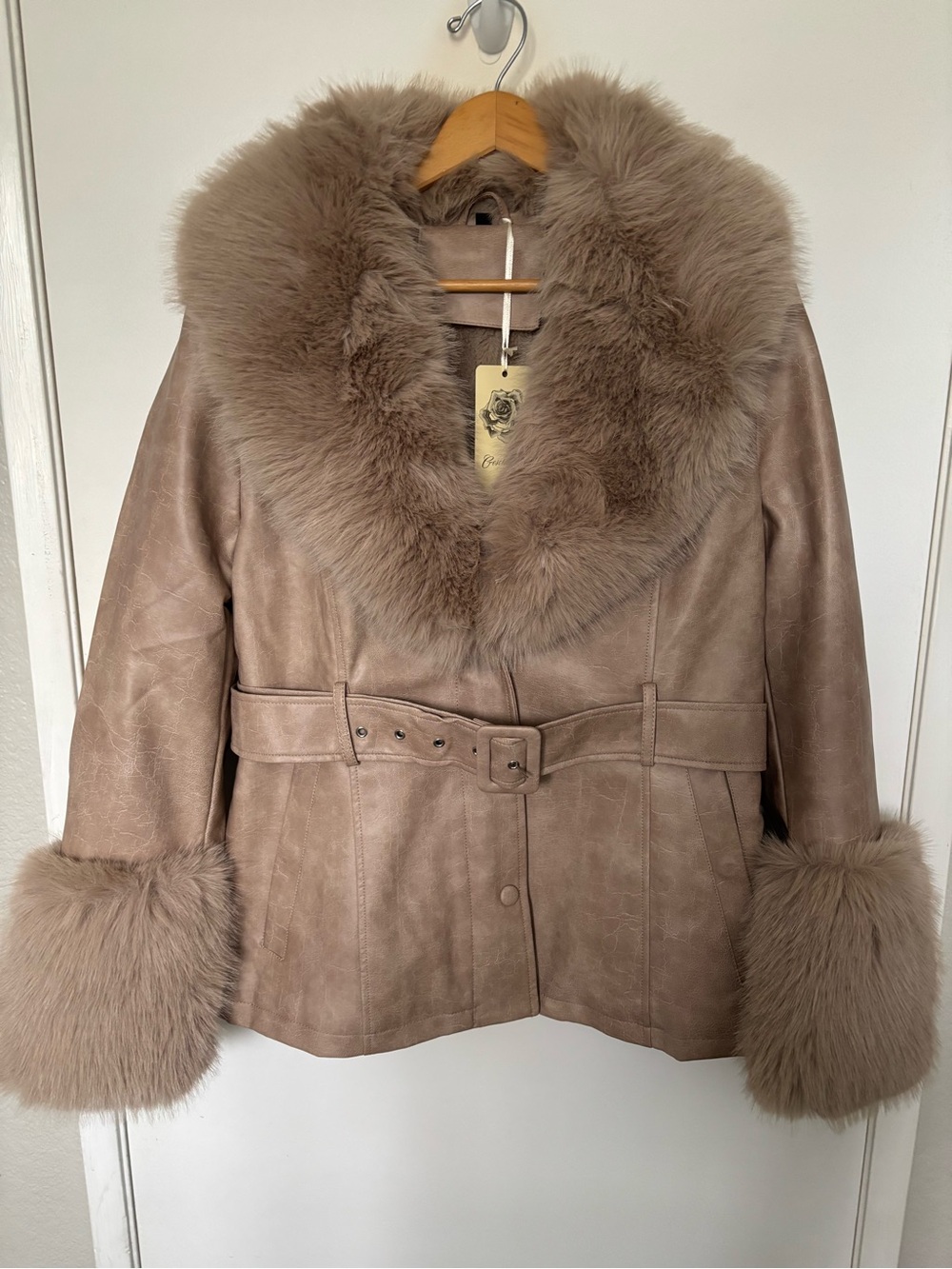 Geschallino Belted Faux Leather Coat w/ Fur Collar & Cuffs — XL, NWT